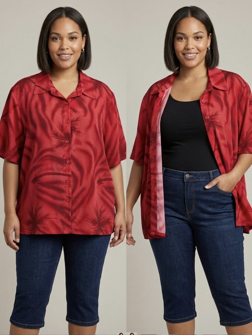 Penningtons Red Tropical Palm Print Button Down Shirt, Plus Size Hawaiian Top,2X